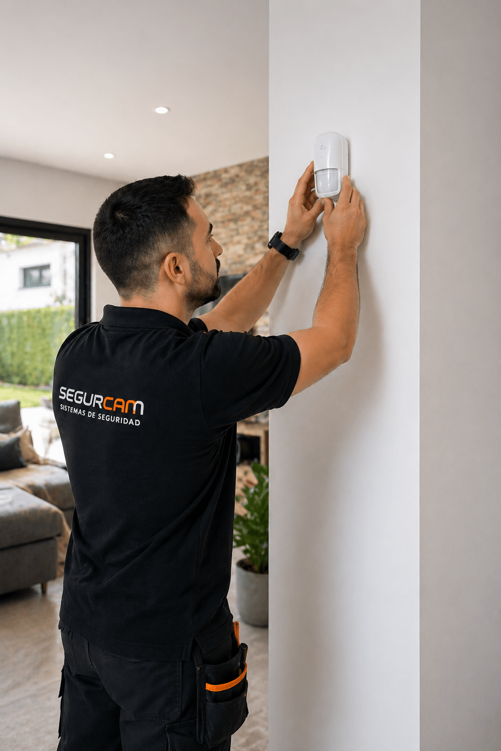 Técnico instalando sensor de alarma en vivienda con sistema sin cables en Cáceres