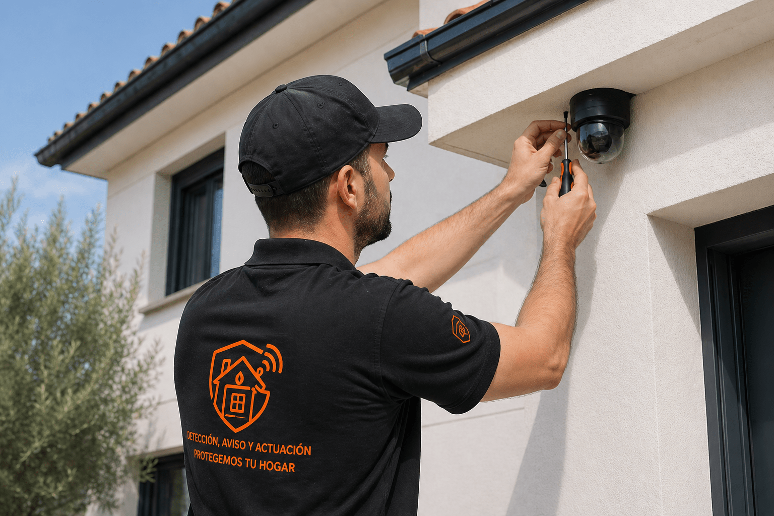 Técnico instalando cámara de seguridad en vivienda en Cáceres con sistema profesional de videovigilancia