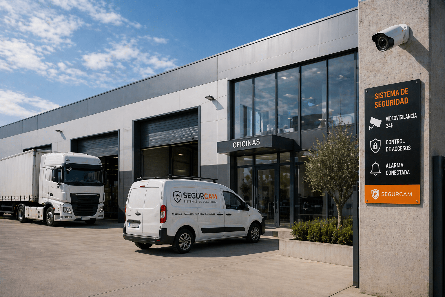 Sistema de seguridad en nave industrial con cámaras, control de accesos y alarma conectada en empresa de Cáceres