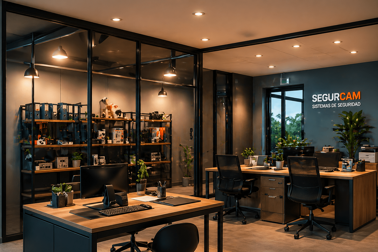 Espacio de oficina profesional con sistema de seguridad instalado por Segurcam. Soluciones adaptadas para negocios, oficinas y locales comerciales en Cáceres con instalación rápida y sin complicaciones.