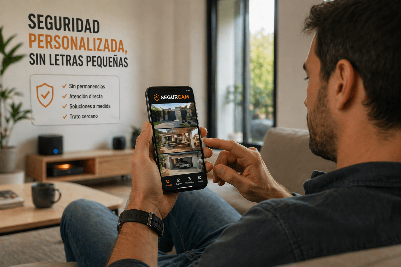 Cliente controlando sistema de seguridad desde el móvil en vivienda con alarma personalizada sin permanencia