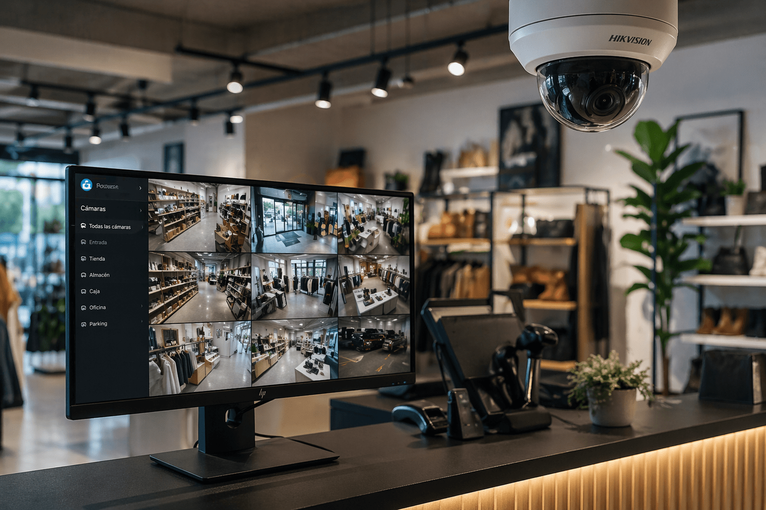 Sistema de videovigilancia en negocio con monitor mostrando cámaras de seguridad en tiempo real