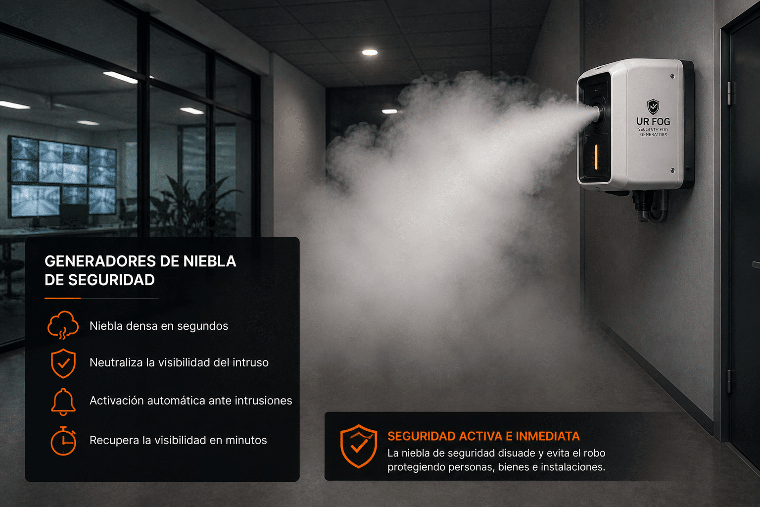 Generador de niebla de seguridad activado en interior de negocio para impedir robos en segundos en Cáceres