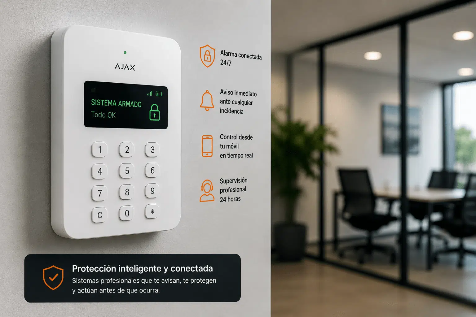 Alarmas profesionales conectadas en Cáceres Sistema de alarmas profesionales conectadas instalado en oficina en Cáceres con aviso inmediato y control desde el móvil