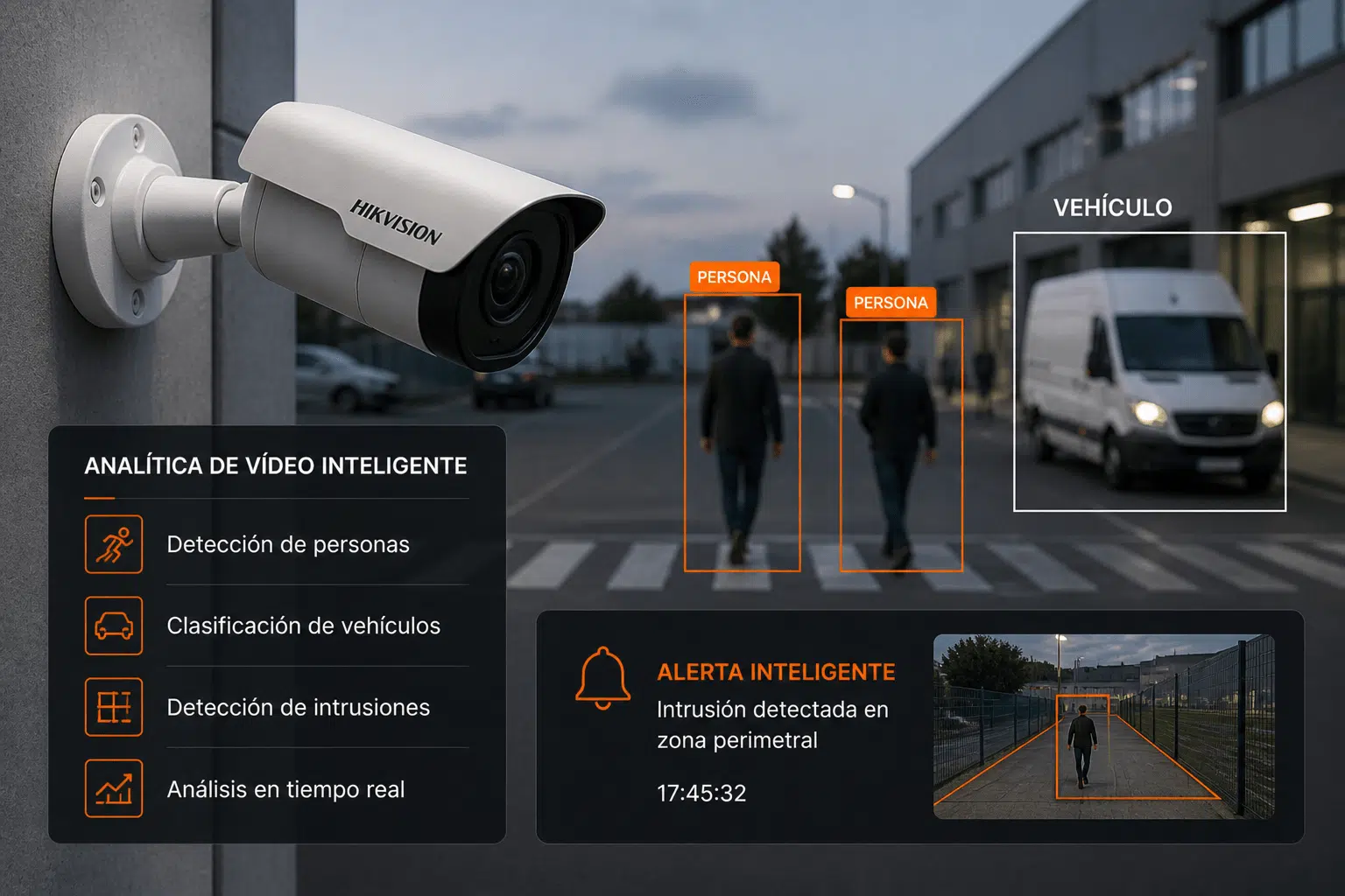 Videovigilancia con analítica de vídeo en Cáceres Cámara de videovigilancia con analítica de vídeo inteligente detectando personas y vehículos en un entorno empresarial en Cáceres