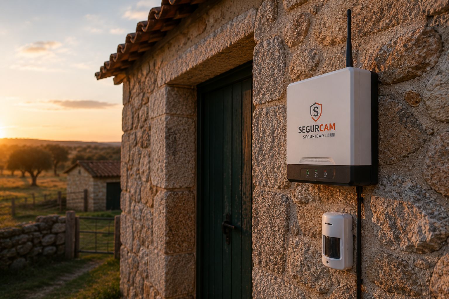 Sistema de alarma profesional instalado en una casa de campo de piedra en Extremadura para proteger una finca sin suministro eléctrico.