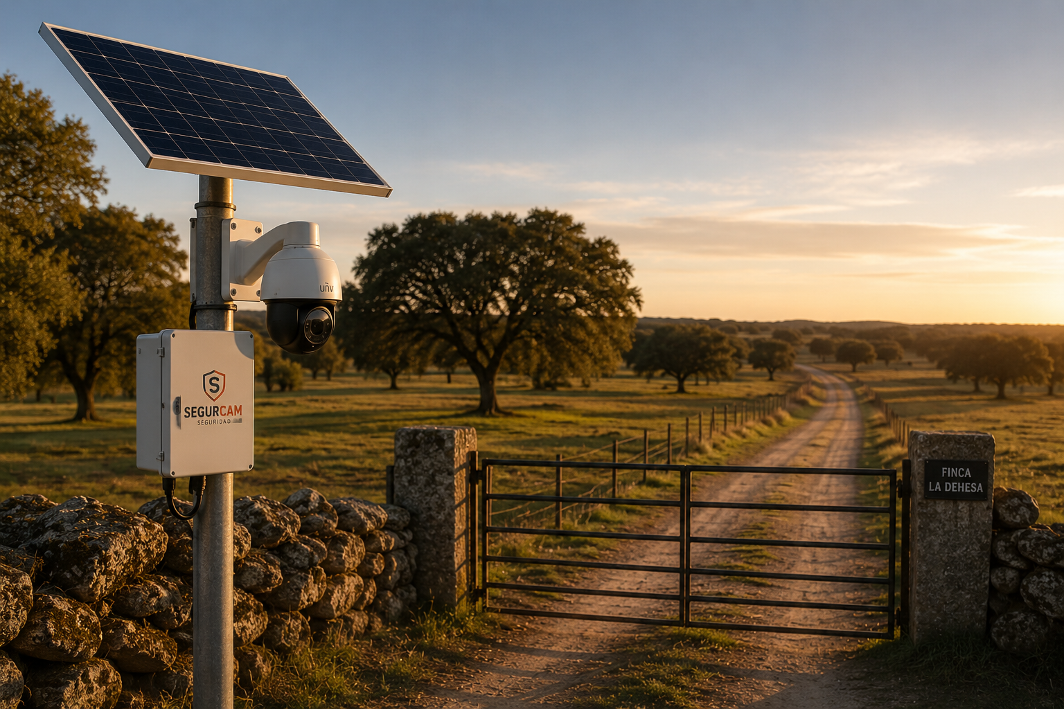 Cámara de vigilancia con panel solar instalada en la entrada de una finca agrícola de Extremadura para proteger accesos, maquinaria y explotaciones rurales.