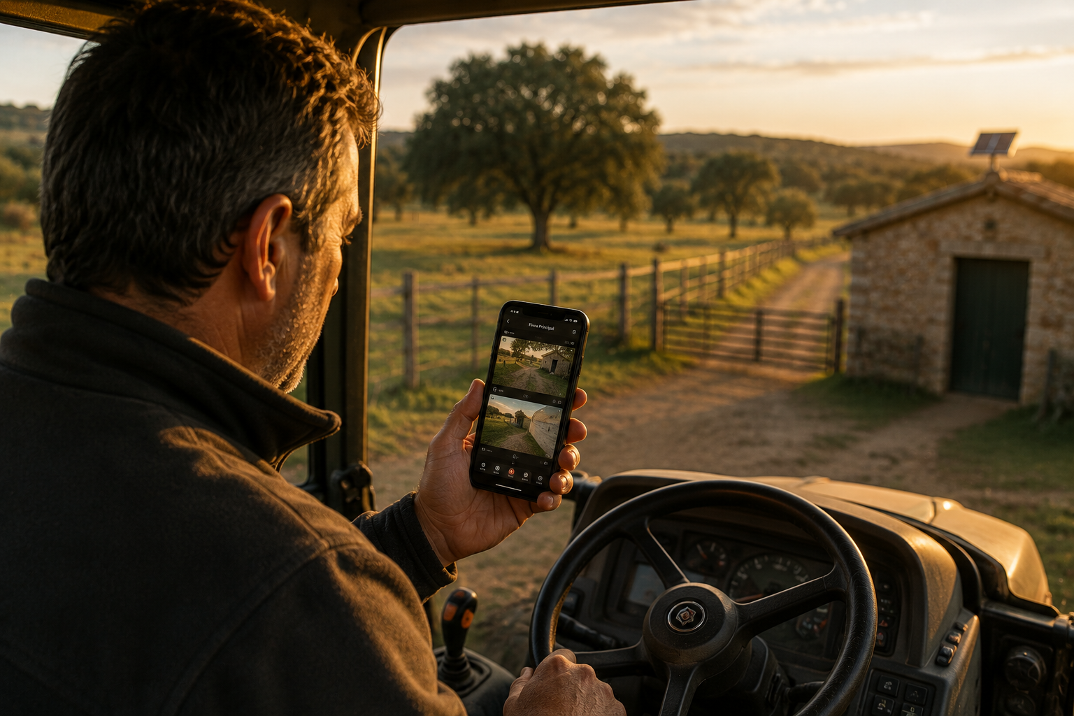 Agricultor consultando desde su teléfono móvil las cámaras de vigilancia de una finca agrícola en Extremadura mientras trabaja con el tractor.