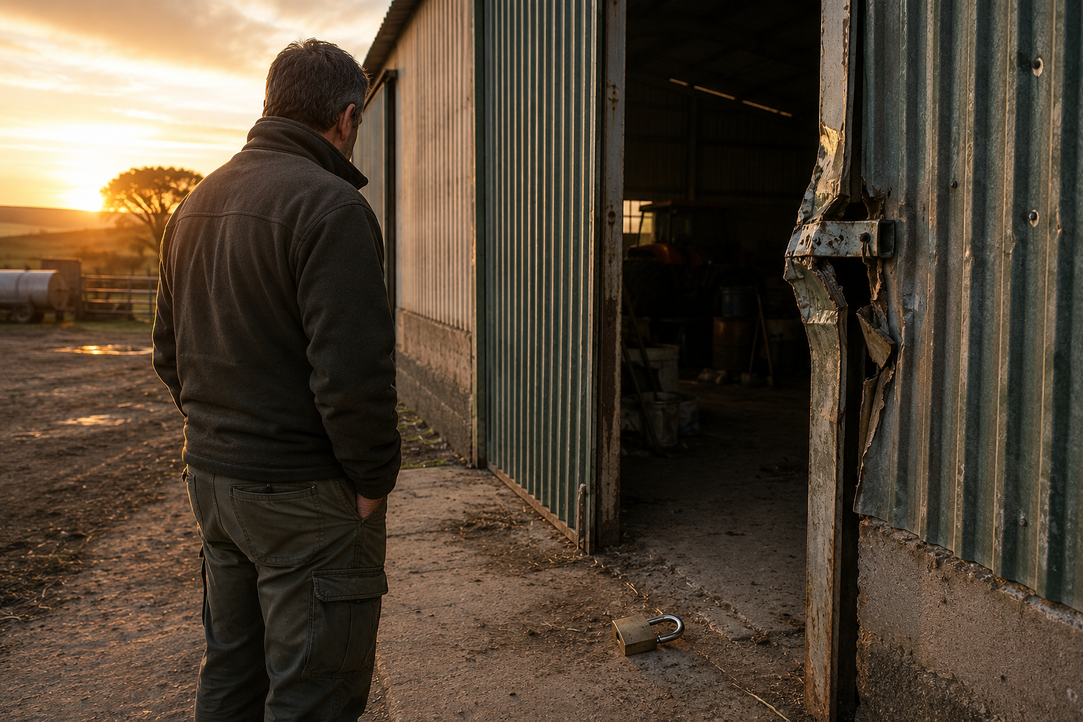 Agricultor observando una nave agrícola con la puerta forzada tras un robo en una finca de Extremadura.