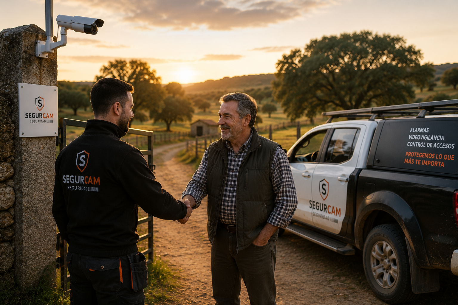 Técnico de Segurcam estrechando la mano de un agricultor en la entrada de una finca protegida en Extremadura.