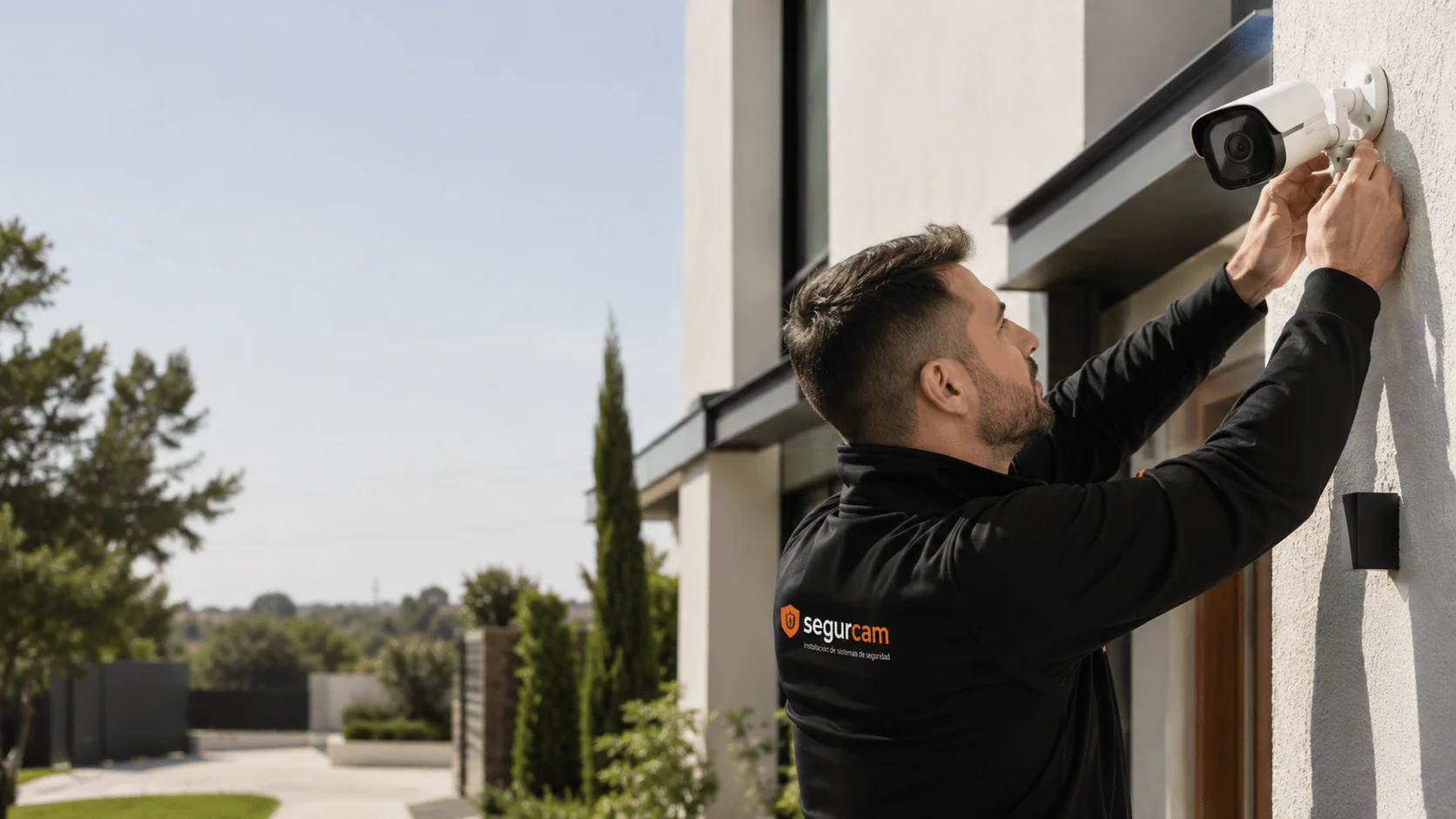 Técnico de Segurcam instalando una cámara de seguridad en una vivienda